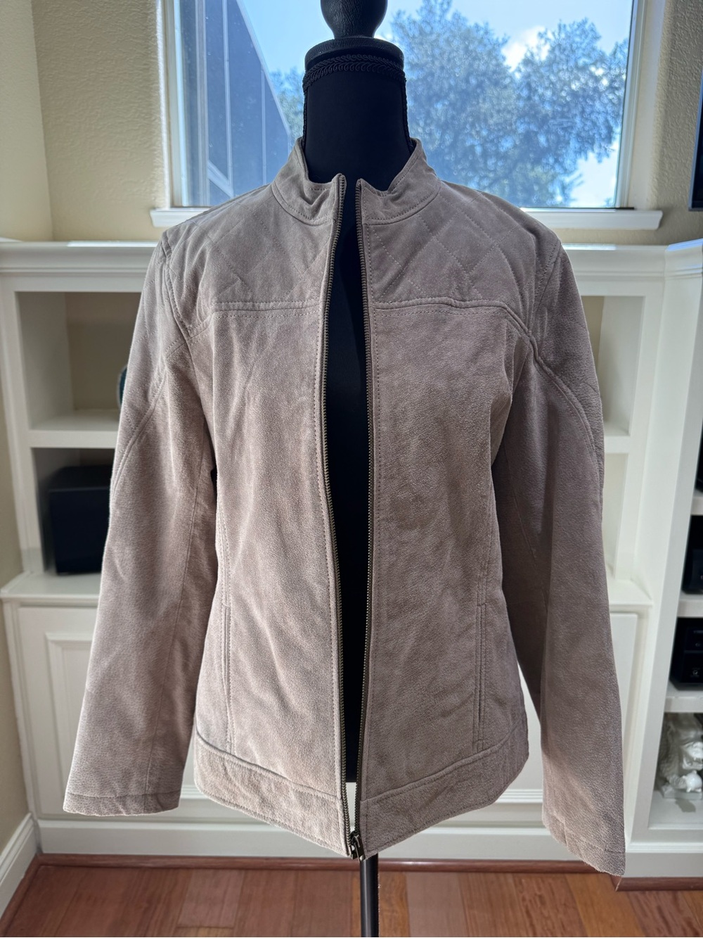 Suede Genuine Leather LG Jacket Women's Taupe Zip-Front Stand Collar Fitted